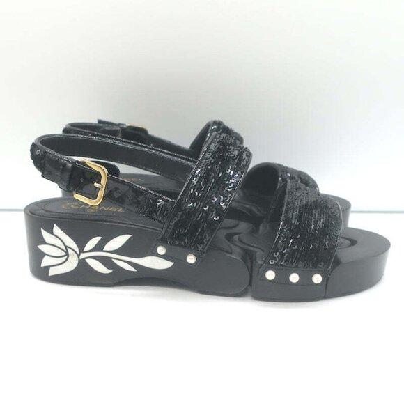 Chanel 16C Sequin Slingback Sandals Black Size 38.5 - Picture 3 of 12